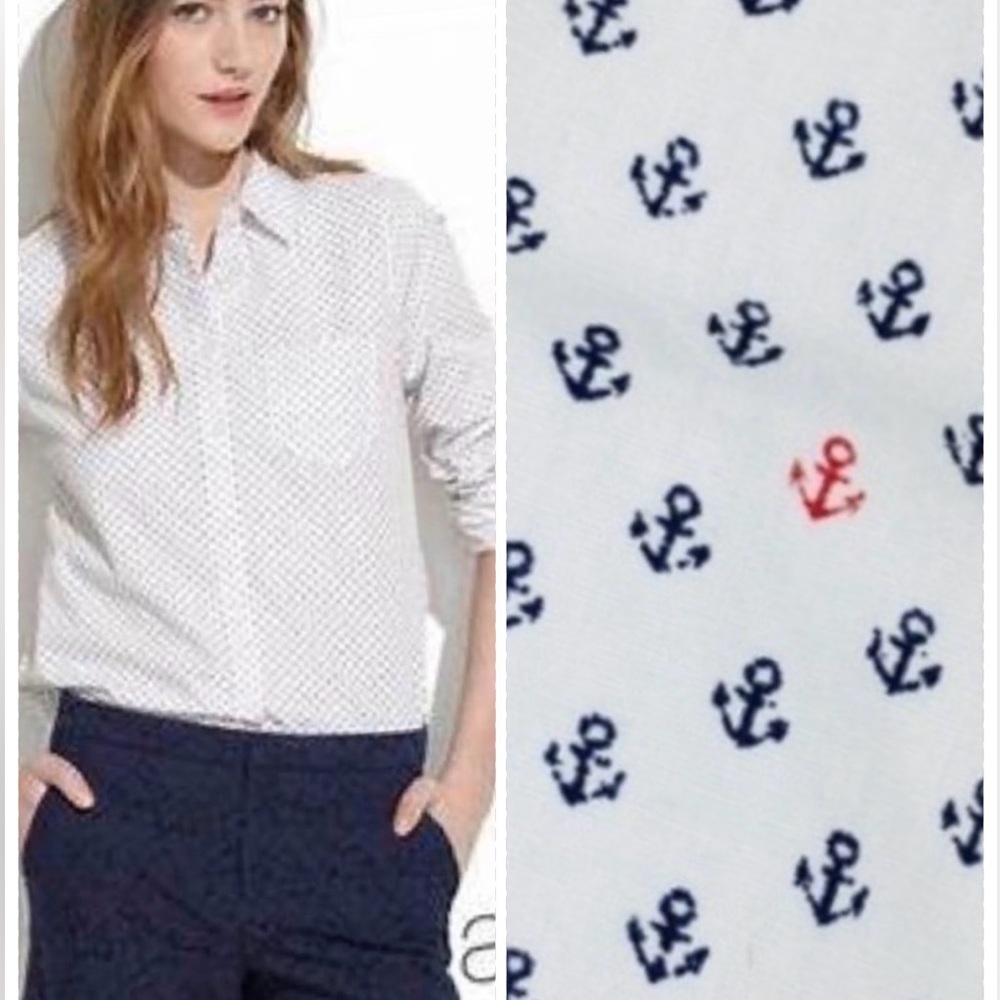 Madewell Nautical Shrunken Boyshirt In Mini Anchor White Shirt Blouse XS Preppy